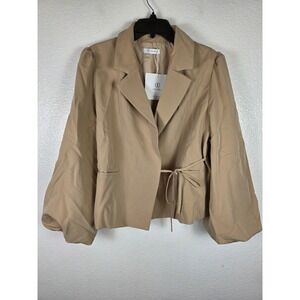 Cicy Bell Womens Khaki Puff Lantern Sleeve Tie Front Blazer Large